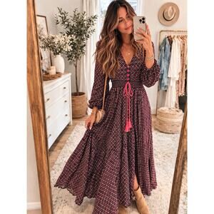 Boho Maxi Dress M Maroon Black Red Print Long Sleeve Flowy Cottagecore Festival